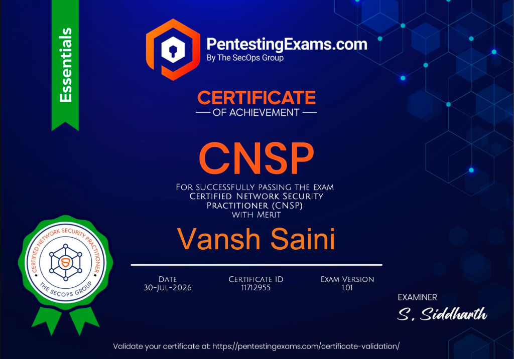 Certified Network Security Practitioner (CNSP) — With Merit full certificate